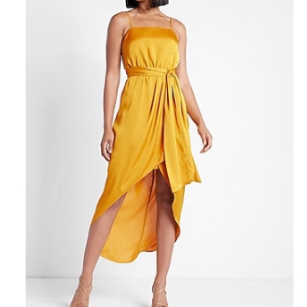 Express yellow satin high low dress size M
